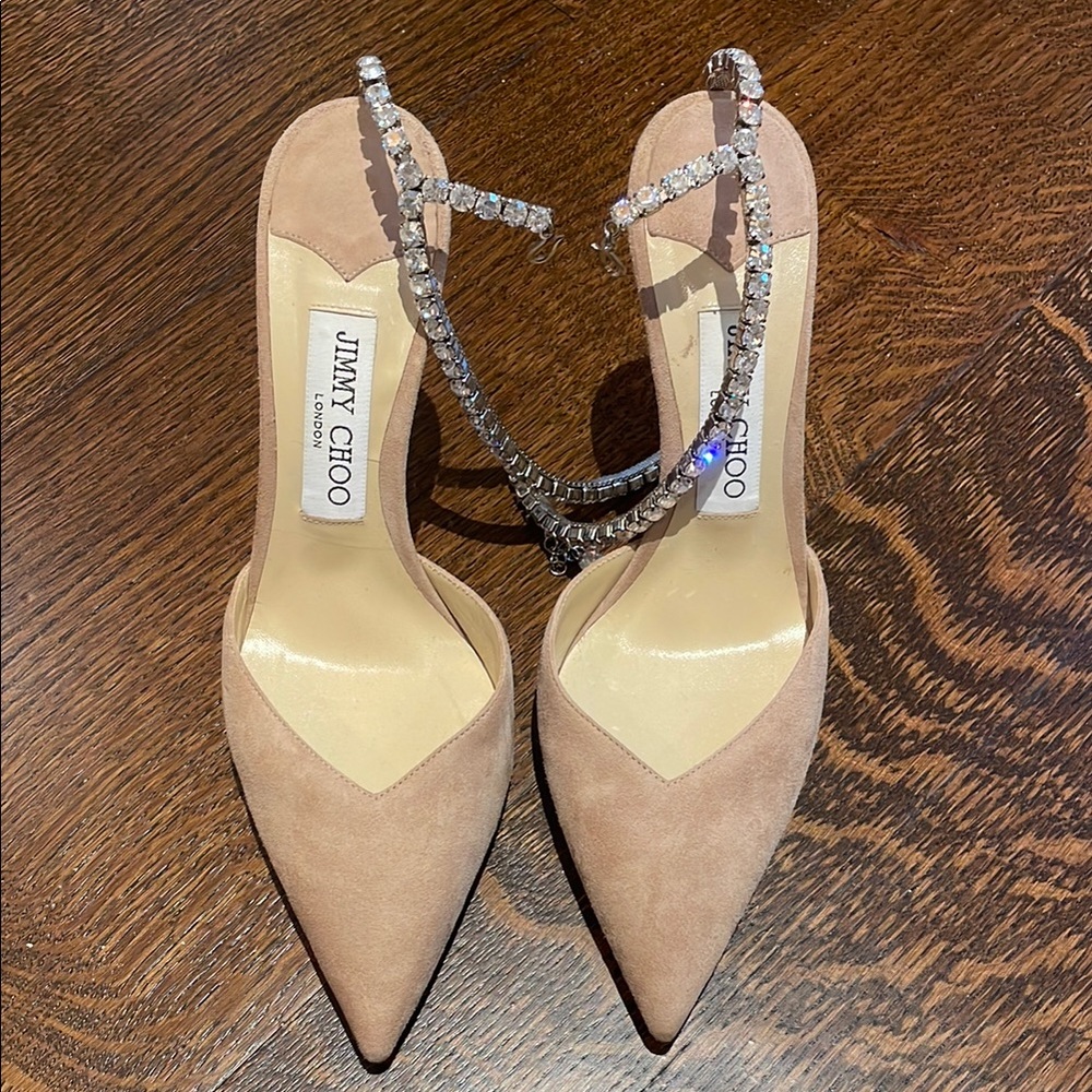 Jimmy Choo Beige Suede Heels with Silver Accents